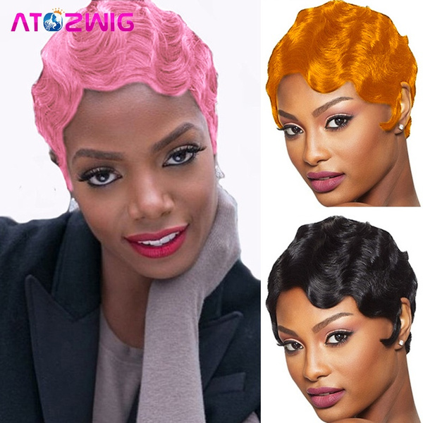 Short Finger Wave Wig Synthetic Heat Safe Hair Black Orange Pink