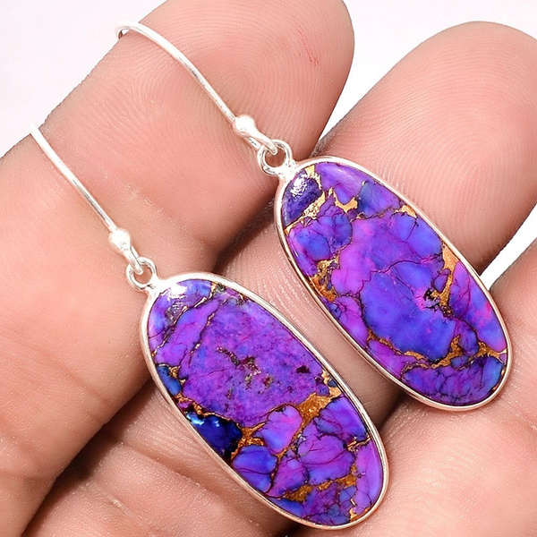 925 Silver Plated PURPLE COPPER TURQUOISE 2 Gem Earrings 1.1" ONE OF A KIND 