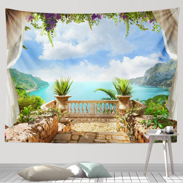 Landscape Outside the Balcony Tapestry Mountains Seascape Landscape  Printing Wall Hanging Tapestry Curtains Wall Posters Polyester Tapestries  Home 