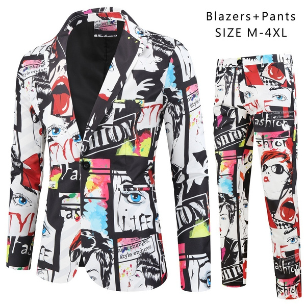 Mens Fashion Print Blazer Set 2 piece Suits(Blazers + Pants) For Mens ...