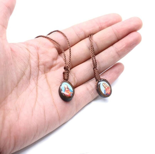 Virgin Mary Epaulets Catholic Wooden Cross Necklace Prayer Christ