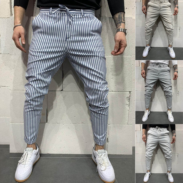 Fashion Men Striped Pants British Style Man Trousers Streetwear Pencil ...