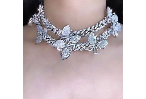 Butterfly Bling Pendant & 12mm 16" 18" Full Iced Baguette Choker Chain Necklace