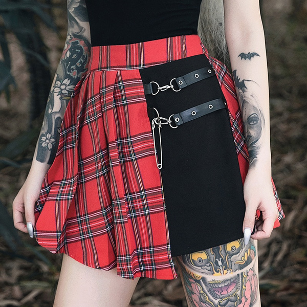 Women's Summer Kilt Punk Pleated Skirt High Waist Patchwork Skirt