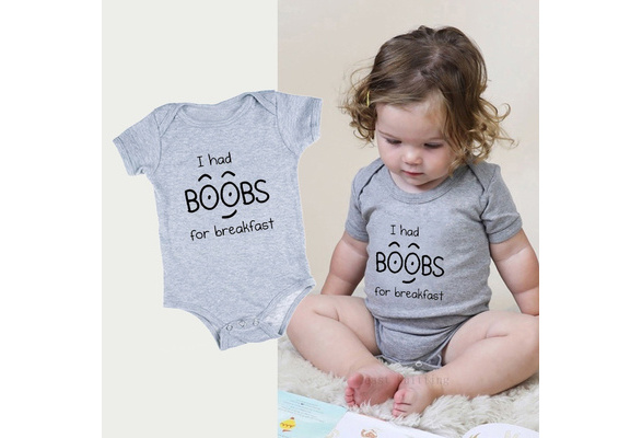 VRW I had boobs for breakfast Onesie Romper Bodysuit 3-6months, Grey Blue VRW I had boobs for breakfast Onesie Romper Bodysuit 3-6months, Grey Blue