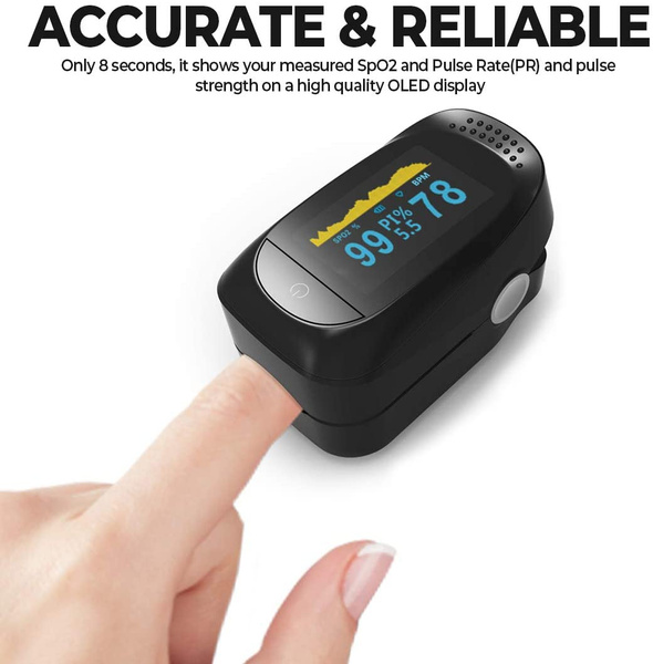 Pulse Oximeter Fingertip Black Lanyard Included SpO2 and PR Value Waveform PI Blood Oxygen Saturation with Sleep Monitoring Function OLED Monitor for Sports and Home