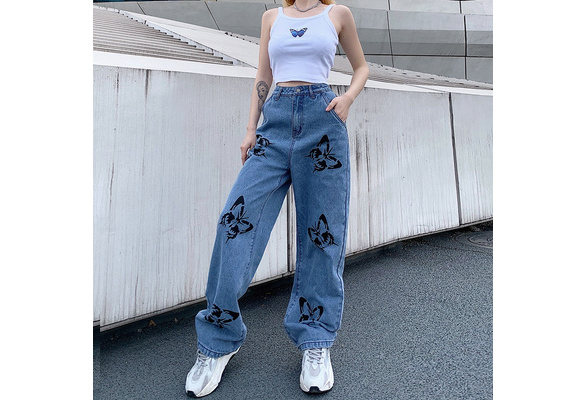 Fashion Buttefly Print Casual Denim Pants Women Streetwear Long Pants  Straight Jeans Students Trousers Loose Pant