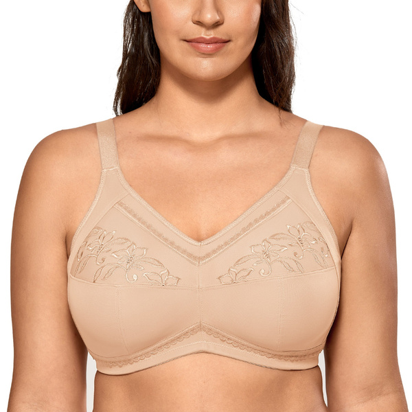 DELIMIRA Women's Smooth Embroidery Full Coverage Wireless Bras Plus Size  Cotton Non-padded Mastectomy Pocket Bra 34 36 38 40 42 44 C D DD E F Cup