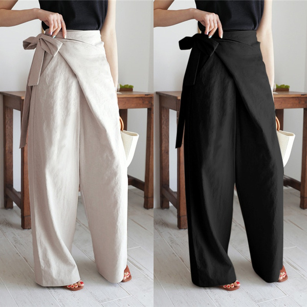 Plus Size Ladies Cotton Linen Casual Long Pants Women Wide Leg Loose  Trousers US