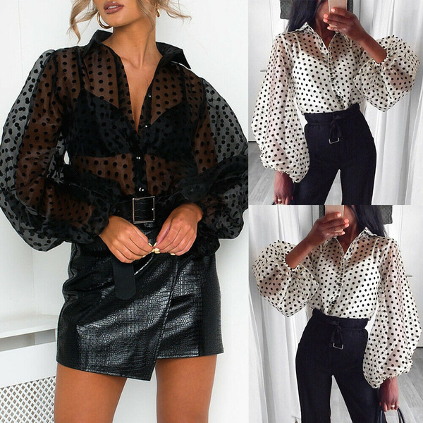 Women's Long Sleeve See Through Mesh Sheer Top Blouse Shirt Puff Sleeve  Polka Dot Top