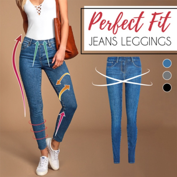 Women Denim Pants Fake Jeans High Waisted Stretch Skinny Leggings Jeggings