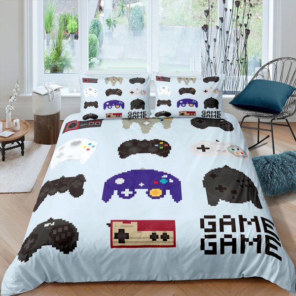 Super Soft Reversible Duvet Cover Cartoon Gamepad Geometric Print Quilt Cover Gaming Comforter Cover Set Video Games Gamer Bedding Set Grey and White Full Size Video Game Controller Home Decor