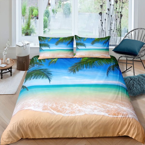Sea Wave Print Quilt Cover, Palm Tree Bedding Sets Queen