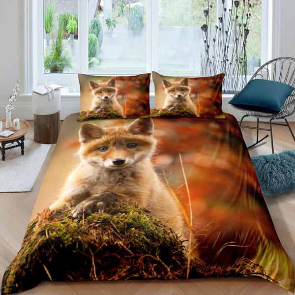 Fox Duvet Cover Twin Size,Watercolor Flowers with Leaves Bedding Set 2pcs,Orange Fox Wild Animal Comforter Cover,Fairy Tale Kids Girls Soft Quilt Cover Bedroom Decor 