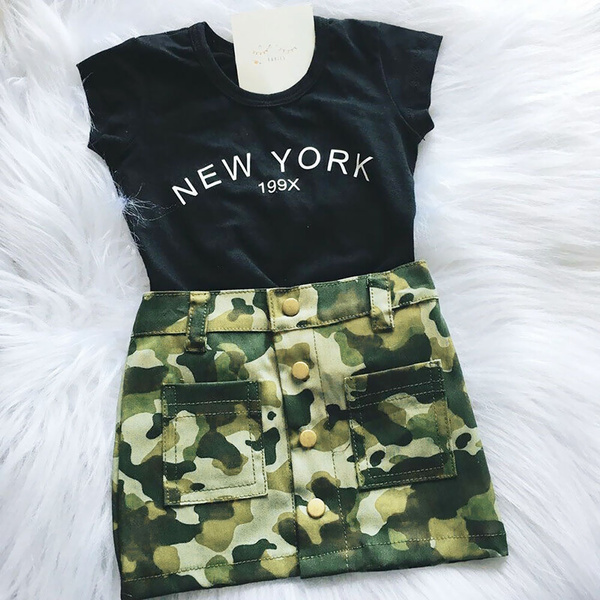 Toddler Kids Baby Girl Clothes Shirt Tops Camouflage Skirt Dress Summer Outfit 