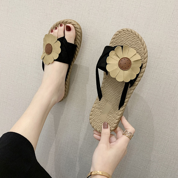 ressource kærlighed komfort summer slippers female Korean style flat bottom home wear sandals bohemian  flowers non-slip sandals beach slippers falt shoes | Wish