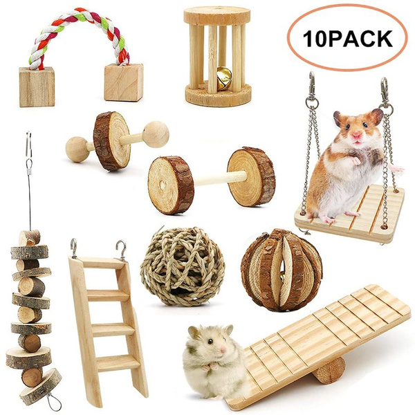 kathson 10 Pcs Hamsters Chew Toys Natural Wooden Gerbil Rats Chinchillas Toy Accessories DIY Rainbow Bridge with PVC Seesaw Sport Exercise Toys for Ball Pine Cone Teeth Care Molar Grass Radish
