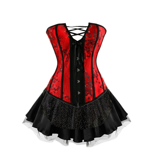 Red Corset Top Mini Skirt Lace Carnival Party Costume Showgirl