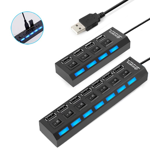 7 Port LED USB 2.0 Adapter Hub Power with On/Off Switch For PC Laptop Portable 