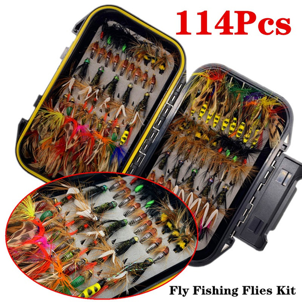 114Pcs/Box Trout Fly Fishing Flies Kit Nymphs Flies Wet Flies Dry Flies  Waterproof Fly Fishing Box