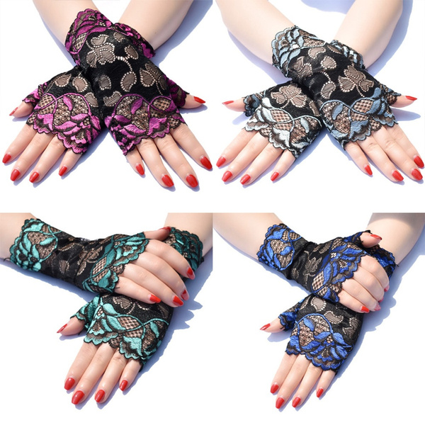 Women Thin Sunscreen Fingerless Gloves Hollow Floral Lace Contrast