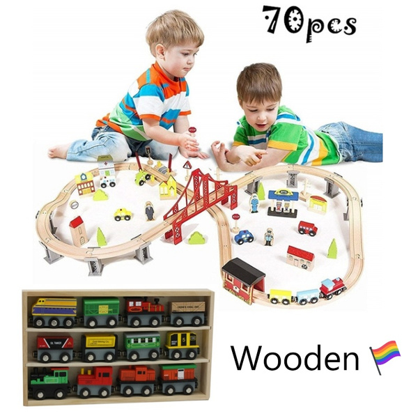 70pcsWoodenTrain Set Learning Toy Kid Children Fun Road Crossing Track Xmas gift 