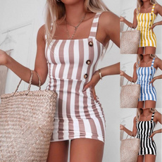 Fashion Women Retro Vertical Striped Mini Button Camisole Dress