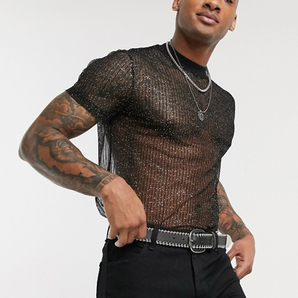 Men s Tights Short Sleeve T Shirt Transparent Mesh T shirt 2