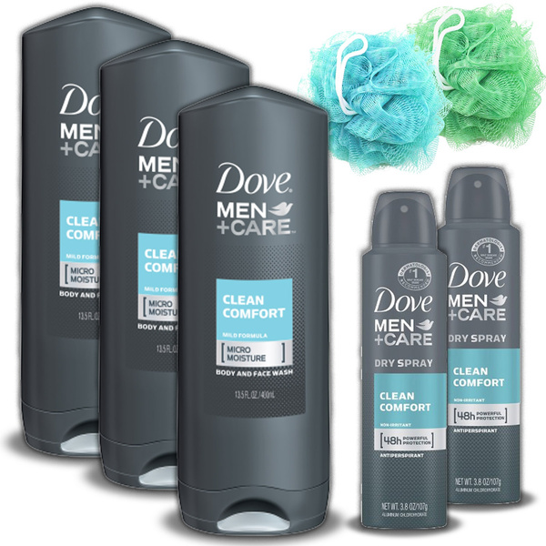 Dove Men+Care Clean Comfort Gift Set for Men, Fresh Face and Body Wash,  Deodorant Stick & Shower Tool, 3 Count 