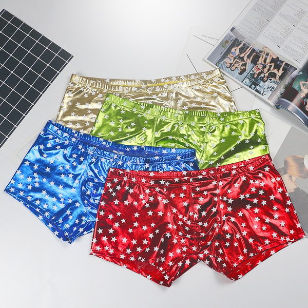 Breathable Boxers Foil Star Sexy Men Faux Leather Underwear Boxers Shorts U Convex Bag Panties 