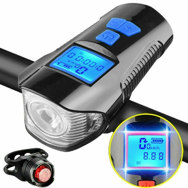 LED Fahrradlampe Odometer USB Akku Radlicht Fahrradlicht Vorne Hinten Lampe+Horn 