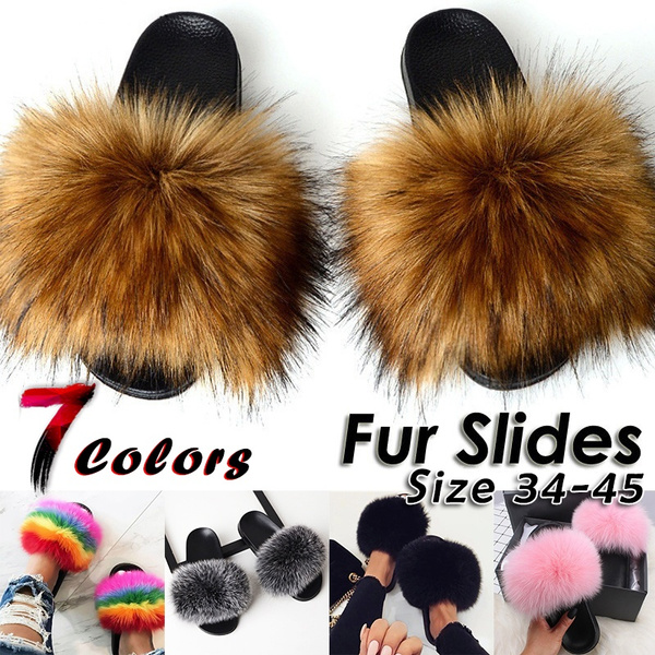 faux raccoon fur slides
