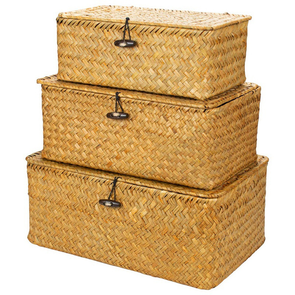 Woven Wicker Storage Bins With Lid, Wicker Storage Baskets For Shelves