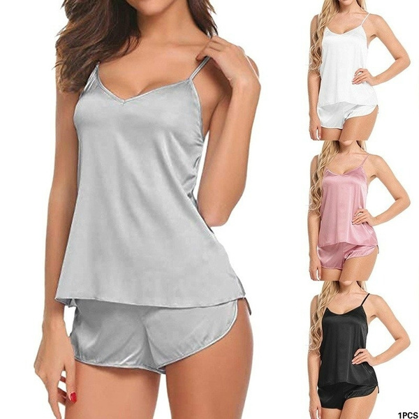 Summer Thin Women's Sexy Lingerie Ice Silk Satin Sleepwear Female