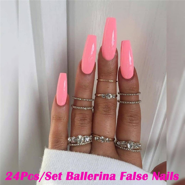 24pcs Set Long Ballerina False Nails Pink Blue Coffin Shaped Fake Nails Finger Beauty Nail Art Tools Wish