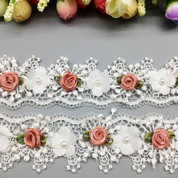 10X Soluble Pearl Rose Flower Wave Embroidered Mesh Lace Trim Ribbon ...