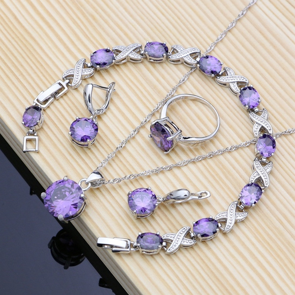 Romantic Purple Amethyst Silver 925 Jewelry Set Simple Design for Women  Earrings Bracelet Necklace Set