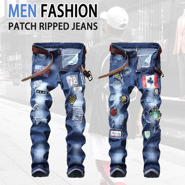 Men Skinny Ripped Beggar Jeans,Patches Decors Distressed Washed Denim Pants,Stylish  Cool,Youth Fashion Must Trousers Straight-Leg Jeans Black XL :  Amazon.com.au: Clothing, Shoes & Accessories