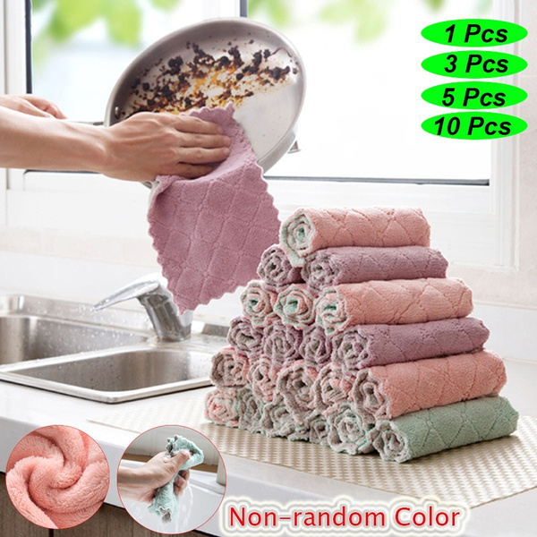 1/3/5 PCS Kitchen Coral Velvet Dish Towel Rag Non-stick Oil Double-layer  Printing Dish Cloth