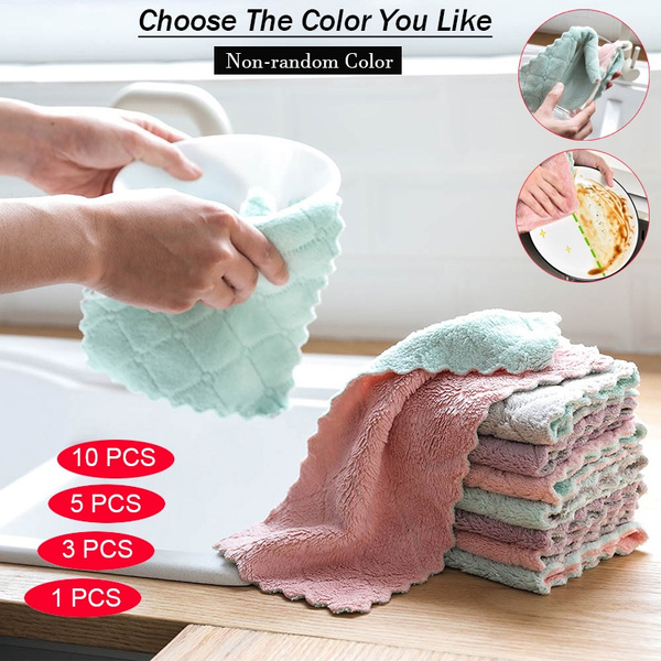 3Pcs/5Pcs/10Pcs Dish Cloths Kitchen Coral Velvet Dish Towel Rag Non-stick  Oil Double-layer Printing Cloth Double-sided Absorbent Thickening Scouring  Pad