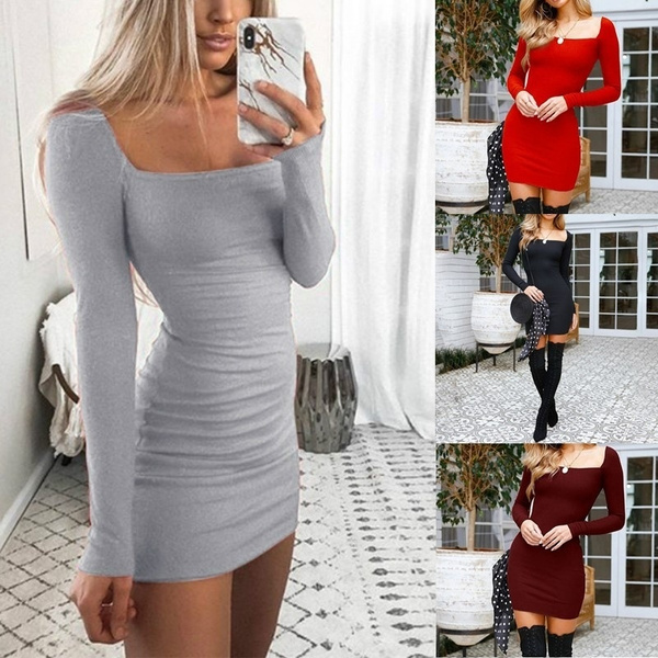 WICIWI Women's Ribbed Knit Sweater Dress – Long Sleeve, Bodycon Fit With Ruched Detail & Side Slit