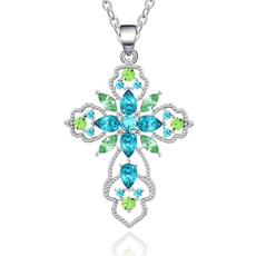 Blues, Cross necklace, Cross Pendant, flower necklace