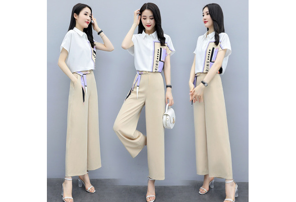 Women's Fashion Summer Printed Shirt Straight Leg Pants Suit For