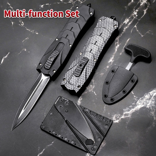 New Year's Gift 9 INCH Knife Set Quick Open Straight Out Jump Switch  Assists Straight Out OTF Knife Double Blade Tactical Outdoor Knife 9 inches  Push Knife + Card Knife + Hand