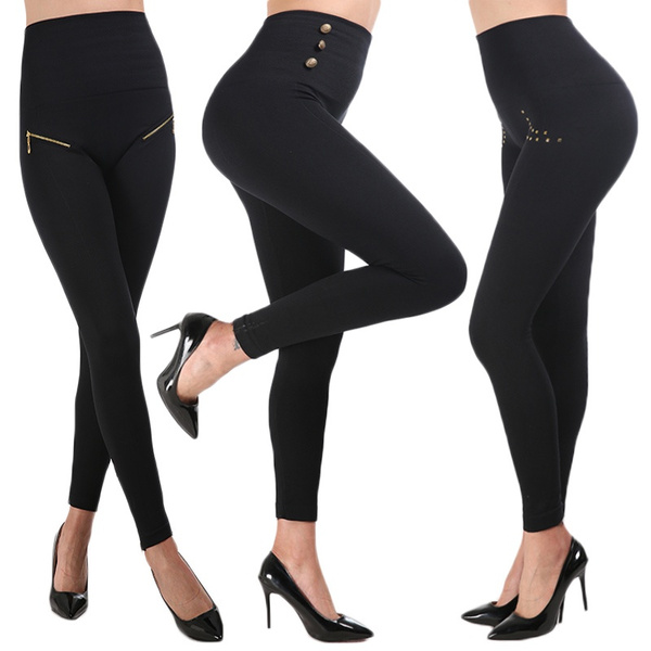New Women's Leggings Hollywood Pants Hip Lifting and Abdomen Retraction  High Waisted Trousers Three Styles Zipper, Button, Imitation Diamond