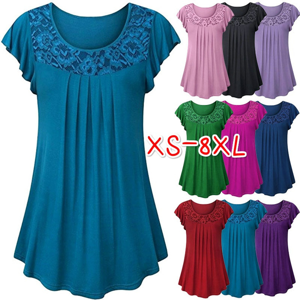 Plus Size Fashion Tops Summer Clothes Women's Casual Short Sleeve Shirts  Loose Lace Stitching Blouses Ladies O-neck Solid Color Pleated Cotton T- shirts XS-8XL