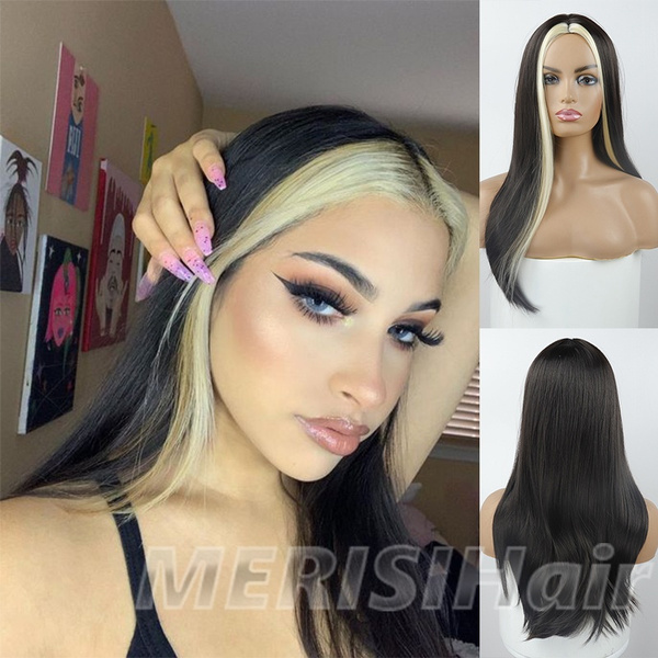 Long Straight Black with Blonde Highlights In Front Custom Wigs | Wish