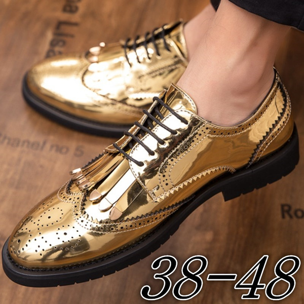 Chic Mens Dress Formal Gold Shiny Leather Lace UP Wing Tip Brogue Carved Shoes 