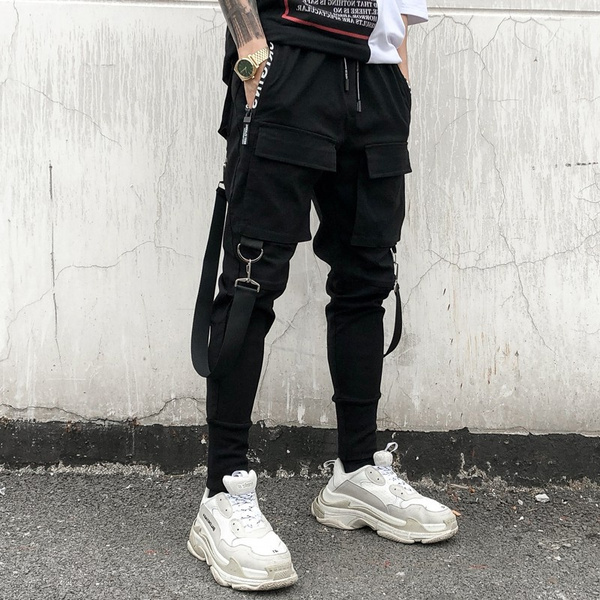 Men s Hip Hop Cargo Pants Multi Pocket Ribbons Sports Pants