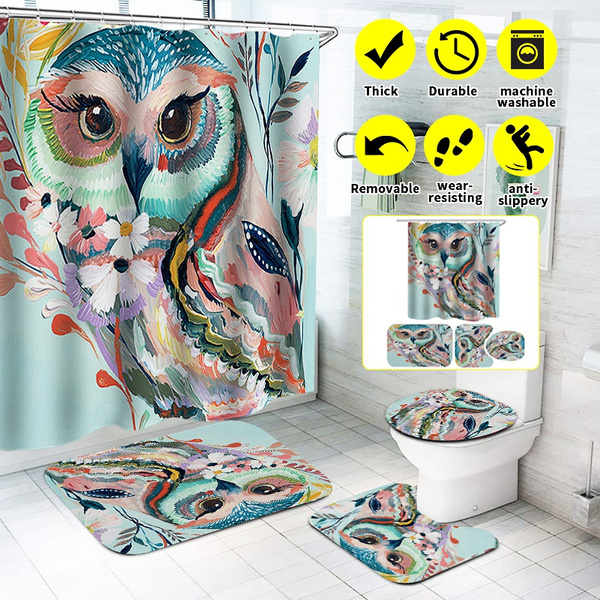 Non Slip Doormats Rug Lid Toilet Cover, Owl Shower Curtain Set